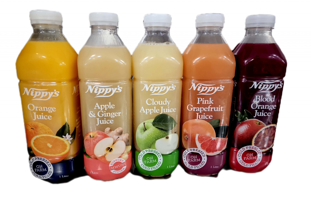 Nippys Orange Juice, Nippys Apple and Ginger Juice, Nippys Cloudy Apple Juice, Nippys Pink Grapefruit and Nippys Blood Orange Juice